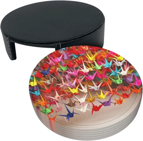 Vista 3 de Portavasos de cuero con soporte, juego de 6 grúas de papel de origami, posavasos impresos para bebidas, posavasos aislados para automóvil, posavasos