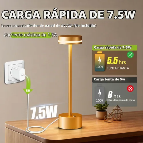 Vista 5 de Lámpara de mesa inalámbrica recargable dorada moderna, lámpara táctil de aluminio y batería operada de 4000mAh, lámparas de mesa LED de 3000K