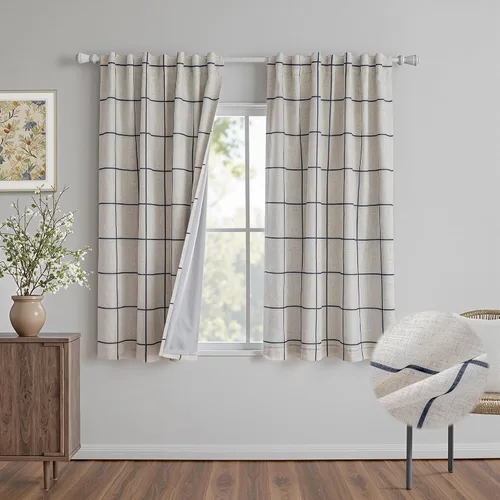 Vista 34 de MYSKY HOME Cortinas de Lino a Cuadros 100% Opacas de 45 Pulgadas de Largo de Doble Capa Estilo Granja con Aislamiento Térmico Estampado a Cuadros
