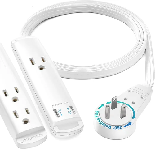 Vista 12 de Maximm Cable de extensión de 1 pie con puertos USB, enchufe plano giratorio 360, 3 salidas (2 puertos USB), conectado a tierra (negro)
