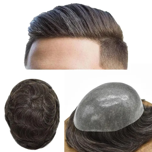 Vista 8 de PU Toupee para hombres pieza de pelo real sistema de reemplazo de cabello humano para hombres Toupee pieza de pelo para hombres piel polivinílica