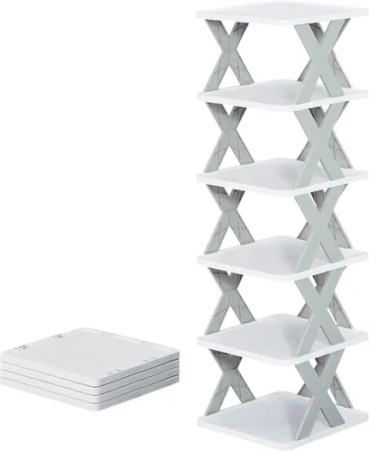 Vista 3 de VECELO Zapatero estrecho vertical de 6 niveles, zapatero de pie, estante delgado para zapatos de fácil montaje, organizador de zapatos compacto que