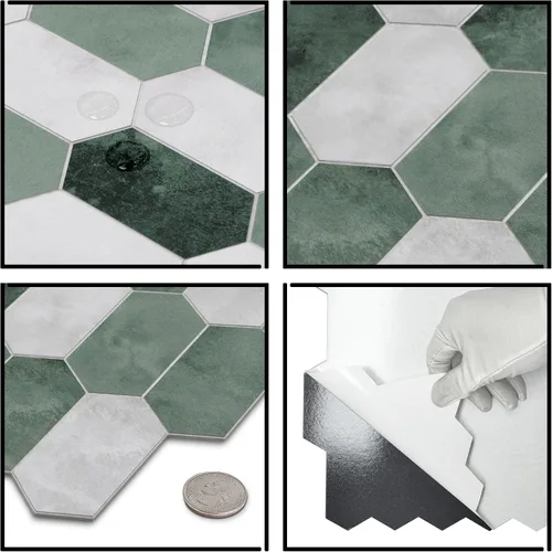 Vista 5 de The Tiles Plaza Protector Contra Salpicaduras de 10 Hojas para Despegar y Pegar, 12" x 11.5" Azulejo Autoadhesivo de Pared Hexagonal Largo