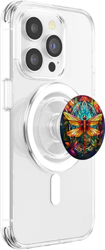 Vista 3 de PopSockets MagSafe PopGrip de mosaico de vitrales coloridos estilo libélula para iPhone