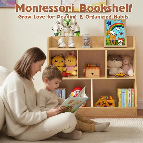 Vista 6 de Estante Montessori, organizador de almacenamiento de juguetes de madera contrachapada para libros, juguetes, estantería de 3 estantes, gabinete