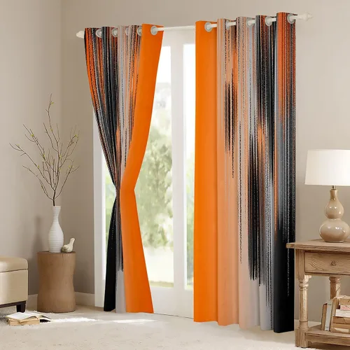 Vista 3 de jejeloiu Cortinas naranjas y negras (2 paneles, 42 x 63 pulgadas) cortinas opacas de arte moderno para niños y adultos, cortinas de oscurecimiento