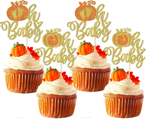 Vista 18 de Rsstarxi Paquete de 36 adornos para cupcakes de calabaza pequeña, revelación de género, baby shower, fiesta, decoración de tartas, calabaza