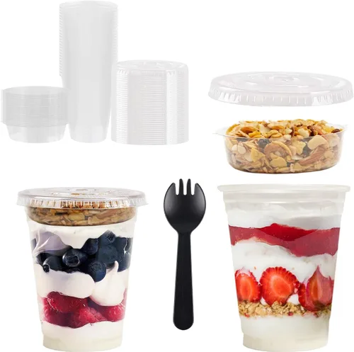 Vista 7 de Vasos de postre helado - 9 onzas - 50 unidades - Vasos de postre reutilizables con tapas de cúpula y insertos - Plástico transparente cristalino - A