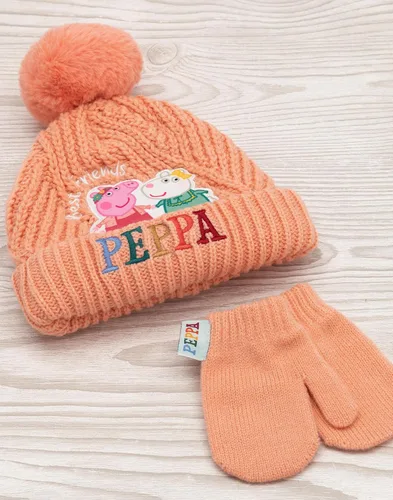Vista 2 de Peppa Pig Hat And Mittens Kids Peach Knit Winter Beanie Gloves, Rosado