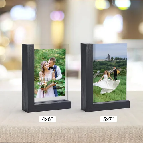 Vista 4 de Lavezee Paquete de 2 marcos de fotos de 4 x 6 pulgadas, hechos de base de madera negra en forma de L con vidrio, imágenes de fotos de doble cara