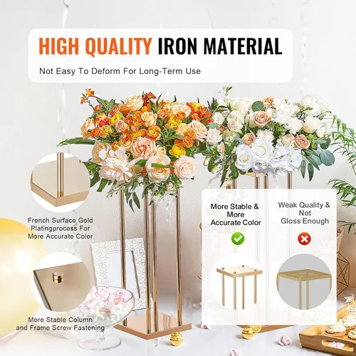 Vista 3 de VEVOR 4 soportes de flores de metal dorado para boda, 23.6 pulgadas de alto con laminado de metal, soportes geométricos de jarrón, estante