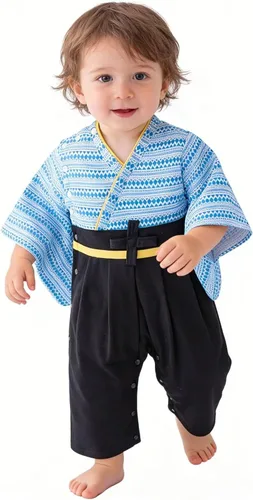 Vista 13 de Traje de kimono para bebé, traje japonés, trajes de algodón samurái para bebés Beige