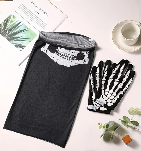 Vista 7 de Guantes de esqueleto y máscara de calavera, pasamontañas de calavera fantasma, máscara de cara completa para dedos completos