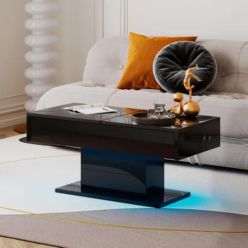 Vista 7 de HedoAjim - Mesa de café LED negra con almacenamiento para sala de estar, mesa de centro rectangular para sala de estar, mesas de café modernas