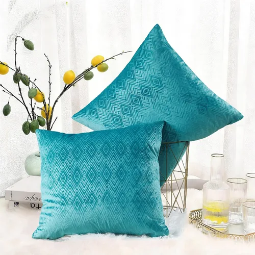 Vista 29 de Juego de 4 fundas de almohada cuadradas decorativas de terciopelo con diamantes de 20 x 20 pulgadas, fundas de almohada geométricas suaves para Aqua
