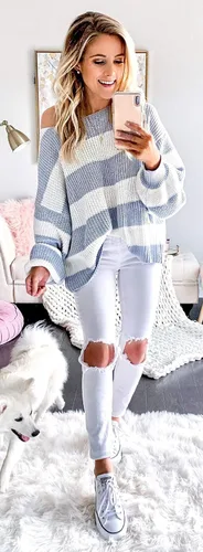 Vista 46 de ZESICA Suéter tejido sin botones de manga larga y cuello redondo, a rayas, bloques de color, cómodo, holgado, talla extragrande para mujer de 2024