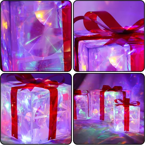 Vista 4 de Hourleey - Juego de 3 cajas de regalo iluminadas de Navidad, 60 luces LED preiluminadas, cajas de regalo decorativas para árbol de Navidad