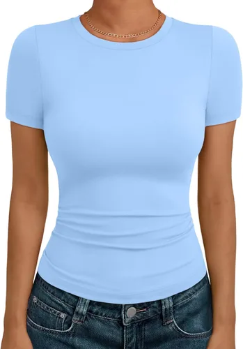Vista 23 de AUTOMET - Camisetas básicas de manga corta para mujer, para verano, entrenamiento o gimnasio, con cuello redondo, ropa moderna estilo Y2K