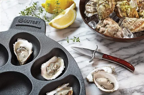 Vista 6 de Outset 76225 - Sartén de hierro fundido para ostras, 12 cavidades, color negro Grill & Serve Oysters In One Pan 12 Capacity Oyster Tray & Plate