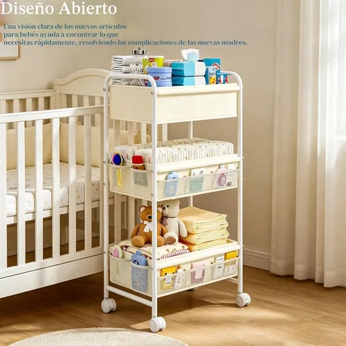 Vista 4 de Carrito organizador de pañales de 3 niveles para bebé, carritos de almacenamiento móviles con ruedas, con 2 divisores y 14 bolsillos de malla