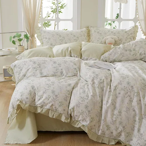 Vista 24 de Juego de funda de edredón blanca con estampado floral azul, juego de ropa de cama de algodón suave estilo bohemio, juego de ropa de cama estética