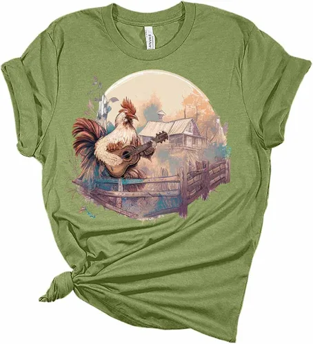 Vista 4 de Camiseta de manga corta para mujer, diseño de gallo tocando la guitarra
