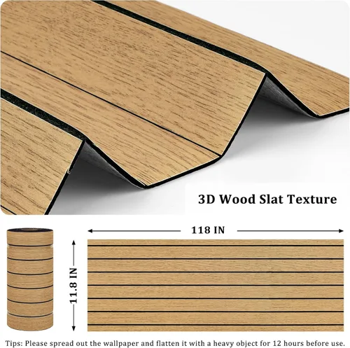 Vista 5 de Paneles de madera marrón para despegar y pegar, panel de listones de pared de madera sintética acústica con textura 3D, autoadhesivo, insonorizado