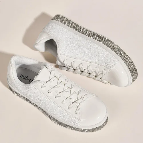 Vista 3 de UUBARIS Zapatillas de tenis con purpurina para mujer, color neón, elegantes, brillantes, con diamantes de imitación, para boda, novia, zapatos