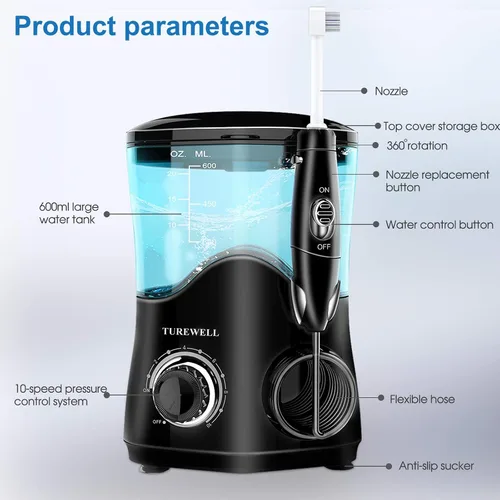 Vista 7 de TUREWELL FC162 Irrigador dental de agua para dientes/frenos, 10 niveles de presión, 8 puntas de chorro de agua para la familia, irrigador dental