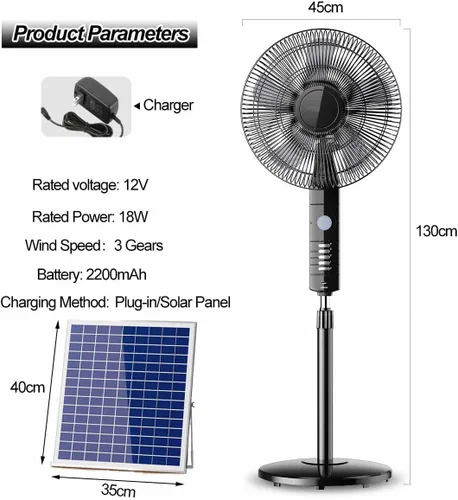 Vista 7 de Solar Oscillating Standing Fan,16 Inch Portable Solar Floor Fan, 3 Speeds Camping Fans, Two Charging Methods, All-Weather Fan with USB & Led Light