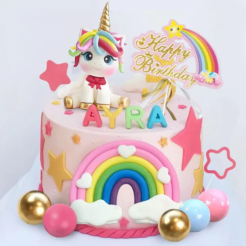 Vista 3 de 29 adornos para tartas de unicornio, decoración de pastel de arcoíris con estrellas arco iris, bolas de unicornio, decoraciones de pastel de feliz