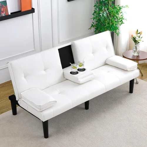 Vista 3 de Sofá cama futón moderno de 67 pulgadas, sofás cama convertibles 3 en 1 con respaldo ajustable, portavasos, cómodo sofá reclinable loveseat de cuero