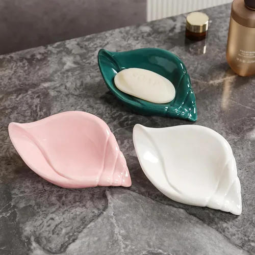 Vista 2 de Sea-Shell - Jabonera de cerámica con autodrenante, bandeja de jabón para fregadero, baño, ducha, soporte pequeño y elegante con esmalte, fácil