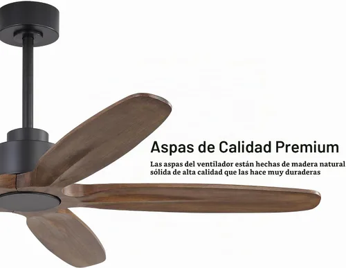 Vista 4 de WINGBO Ventilador de techo de 54 pulgadas sin luz, 5 aspas de madera maciza tallada, motor CC reversible de 6 velocidades, ventilador de techo