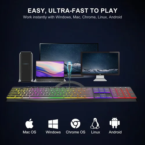 Vista 7 de Teclado de computadora con cable, retroiluminación LED arcoíris de 7 colores, teclado iluminado silencioso con teclas multimedia, teclas de chiclet