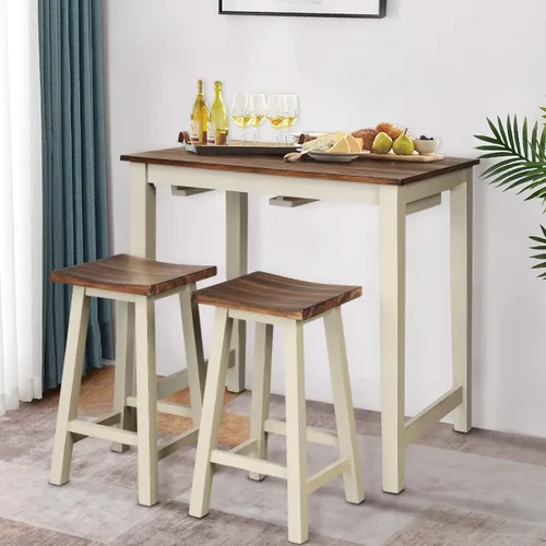 Vista 2 de GIANTEX Juego de comedor de 3 piezas, mesa de pub de altura de mostrador con 2 taburetes de bar, juego de mesa de colección de taberna para sala