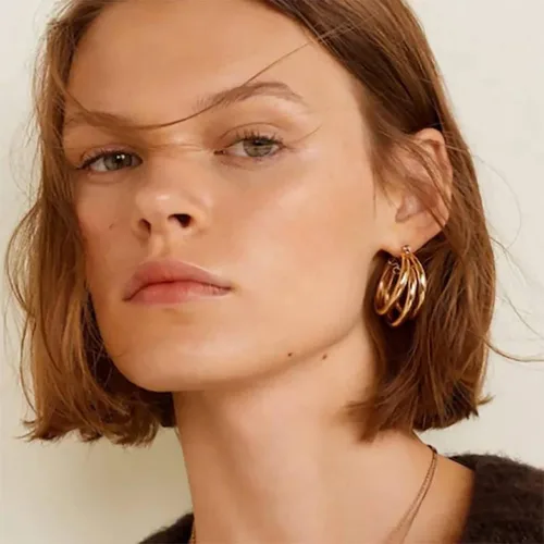 Vista 30 de Aretes de aro gruesos de oro para mujer, chapados en oro de 14 quilates, aretes de aro triple, hipoalergénicos, a la moda, aretes de aro gruesos