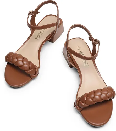 Vista 28 de DREAM PAIRS Zapatos de tacón bajo para mujer con correa de tobillo y puntera abierta trenzada, tacón grueso, sandalias de tacón grueso para fiestas