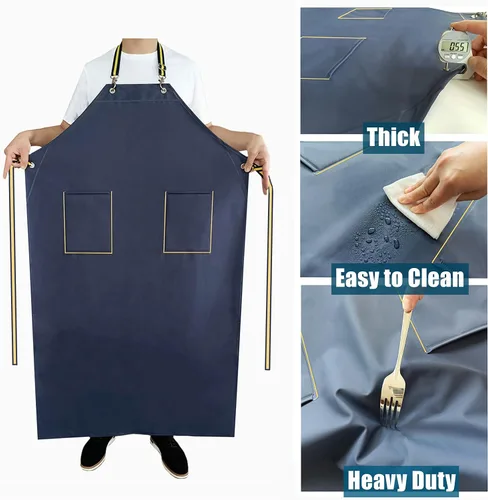Vista 5 de Delantales de goma impermeables con bolsillos para lavavajillas, delantal impermeable para restaurante, correa ajustable para el cuello de 47