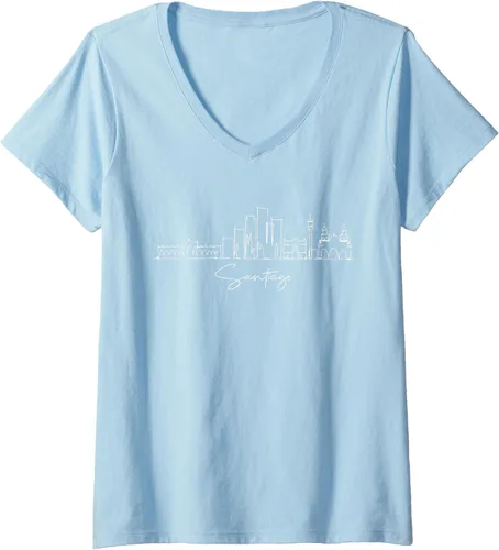 Vista 4 de Camiseta con cuello en V City Skyline Santiago Chile para mujer, Negro