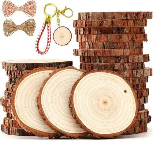 Vista 10 de SENMUT Rebanadas de madera natural, 30 unidades de círculos de madera preperforados de 2.0 a 2.45 pulgadas para manualidades, rebanadas de madera
