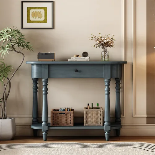Vista 7 de Polibi Mesa consola Half Moon, mesa de entrada con cajón y estante, patas ajustables, diseño rústico vintage, mesa de sofá para entrada, sala