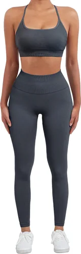 Vista 4 de SUUKSESS Conjuntos de entrenamiento sin costuras para mujer, sujetador deportivo con tiras y cintura alta, pantalones cortos