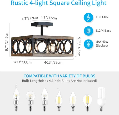 Vista 2 de XINGQI Moderna lámpara de techo semiempotrada de 4 luces de 13 pulgadas para sala de estar, comedor, dormitorio, grano de madera antigua+acabado