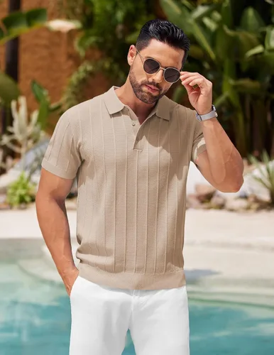 Vista 11 de COOFANDY Camisas polo de punto para hombre de manga corta con textura acanalada Camisas de golf casuales y ligeras con cuello Camiseta de polo