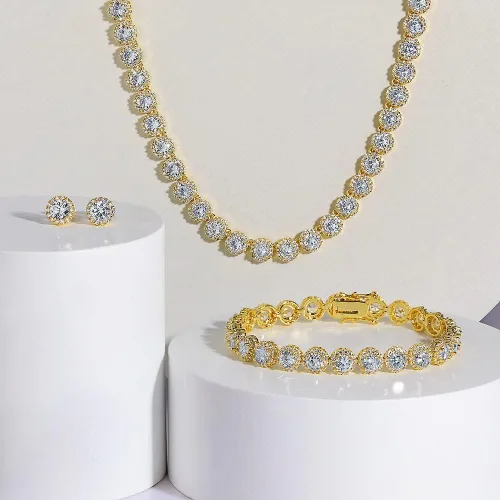 Vista 4 de Gemsme Juego de collar de tenis chapado en oro de 18 quilates con circonita cúbica para mujeres y hombres, Latón, Circonita cúbica