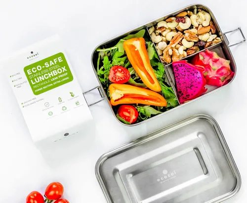 Vista 8 de ecozoi Lonchera Bento de acero inoxidable, 50 onzas, lonchera de 2 compartimentos con divisor extraíble y mini cápsula de salsa, a prueba de fugas