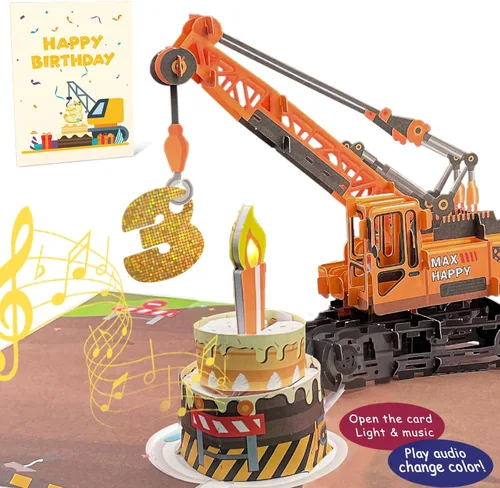 Vista 10 de Tarjeta de Felicitación 3D Desplegable de 1er Cumpleaños con Luz y Música, Tarjeta de Grúa y Camión Para Niño, Sobrino, Nieto, Hijo, Pequeño
