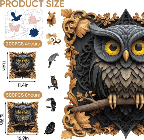 Vista 2 de Delobil Rompecabezas de Madera para Adultos de 200 Piezas, Rompecabezas de Madera de Búho 3D, Rompecabezas de Aves con Forma Única, Regalos