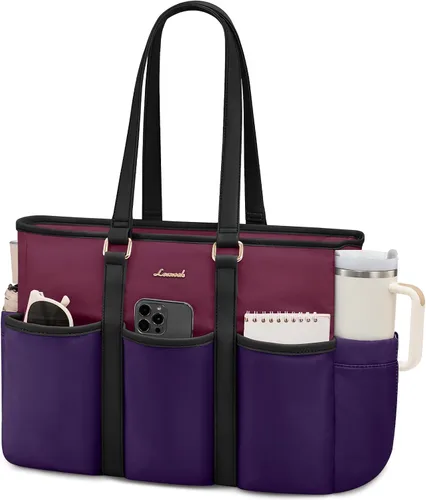 Vista 16 de LOVEVOOK bolso tote vintage para laptop para mujer, Beige-Negro, 15,6 pulg., Moda